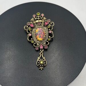 Sarah Coventry Vintage Contessa Faux Opal Brooch Pendant Crown Rhinestone